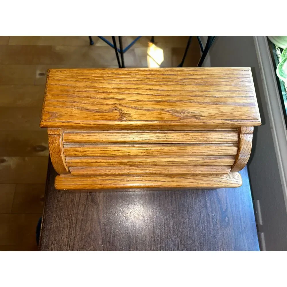 Vintage wood wooden roll-top Jewlery box with drawer bread box style